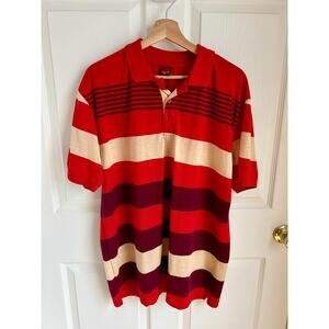 Vintage Men's Striped Polo Size XL | Red and Burgundy | Vintage Mens Clothing